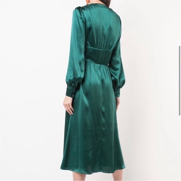Reformation- NWT SZ 6 Nicola Green Silk Midi Dress Long Sleeves - Picture 3 of 6